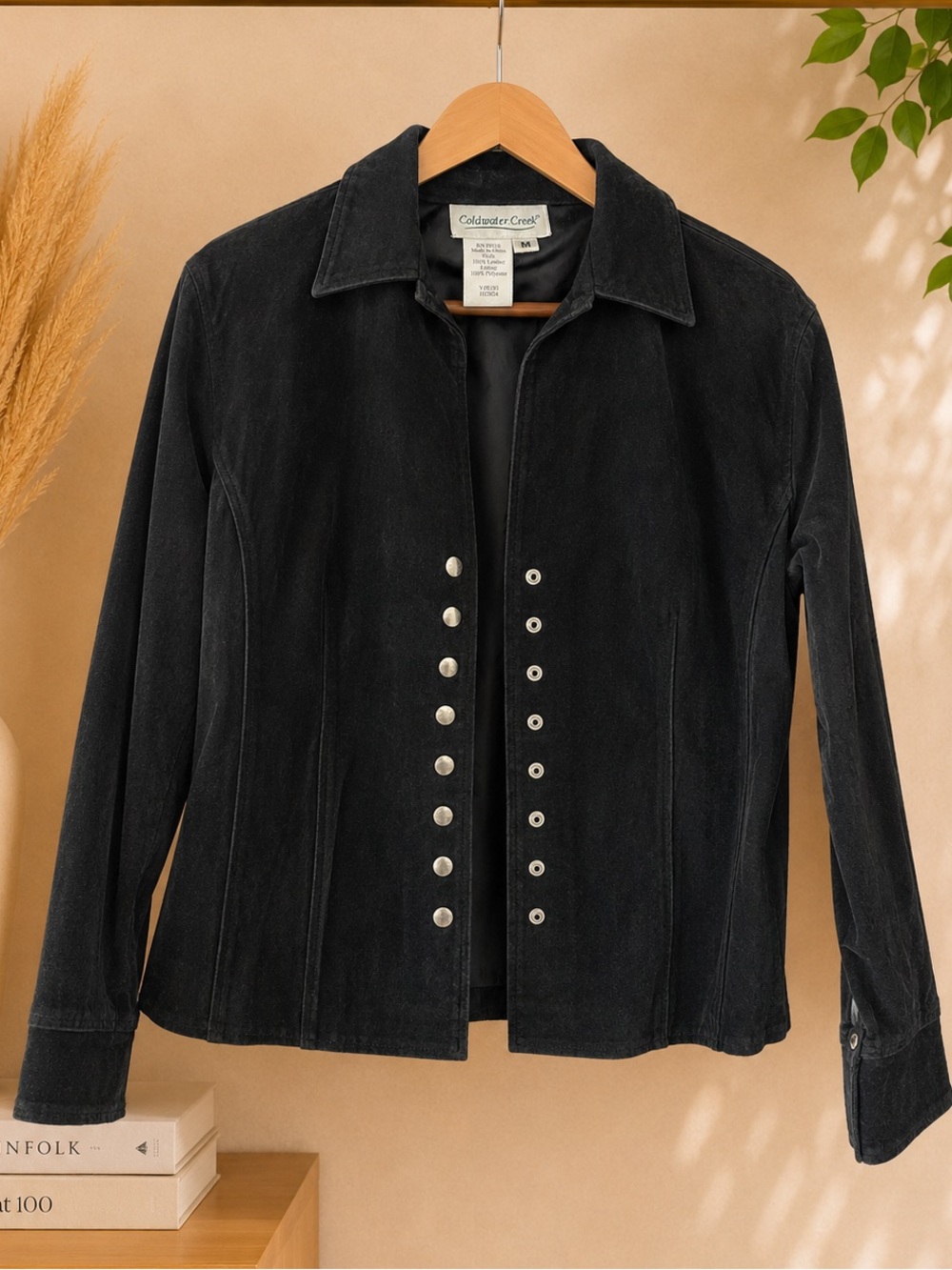 Coldwater Creek Black Suede Snap-Front Jacket with Metal Studs